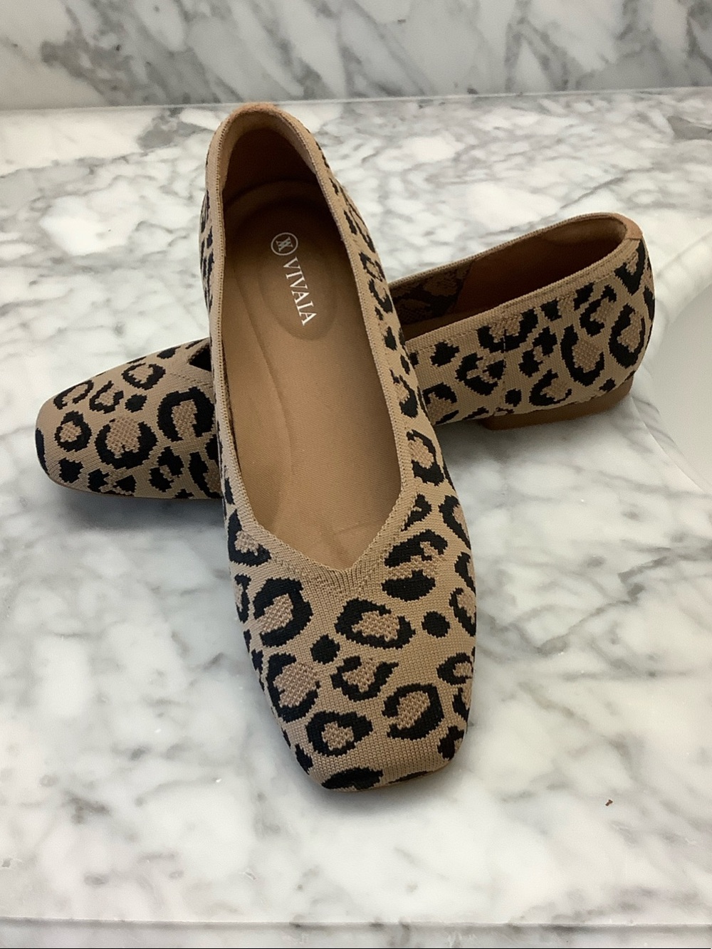 VIVALA Women's Leopard Knit Ballet Flats - Beige & Black